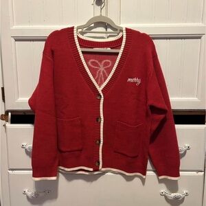 Altar'd State Red V-Neck Button Cardigan with Cream Trim